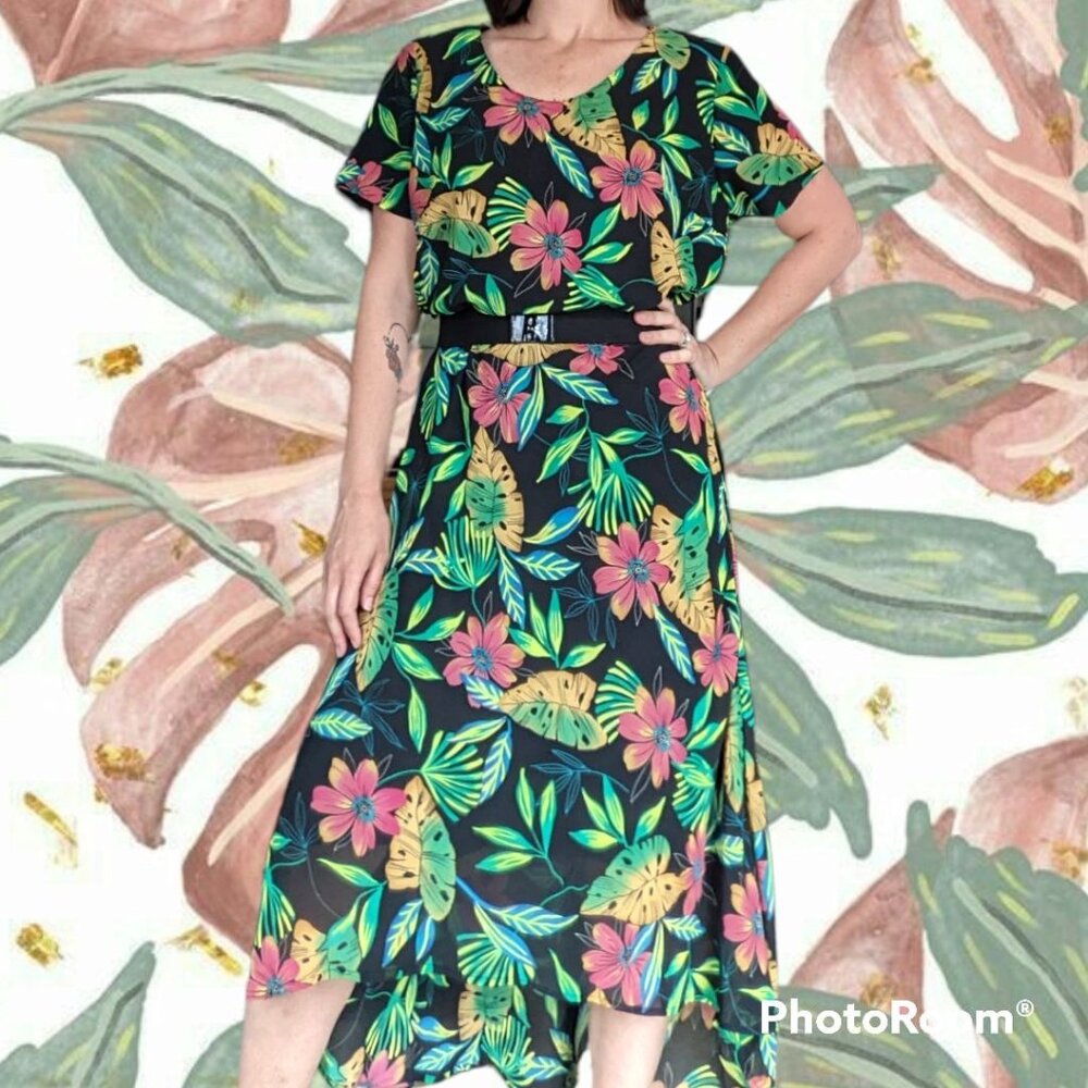 Vintage 90s A WILD THYME Tropical Maxi Dress 18 + Black Green Yellow